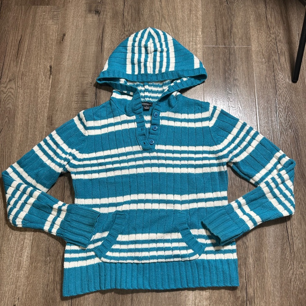 Ecko Unlimited Teal and White Striped Women's Sweater